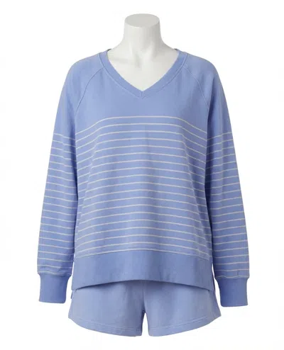 Z Supply Weekender Stripe V Neck Sweatshirt In Barcelona Blue