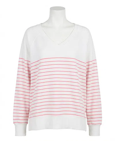Z Supply Weekender Stripe V Neck Sweatshirt In White In Multi