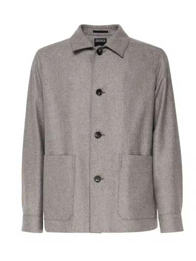 Z Zegna Buttoned Straight Hem Jacket In Grey