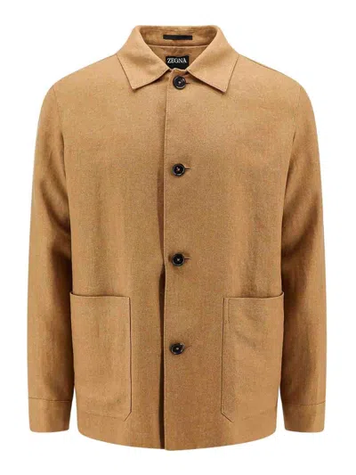 Z Zegna Linen And Wool Blend Jacket In Marrón