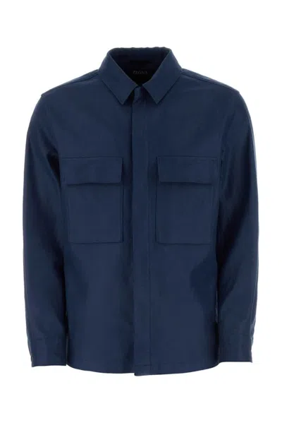 Z Zegna Concealed Fastened Overshirt In Blue