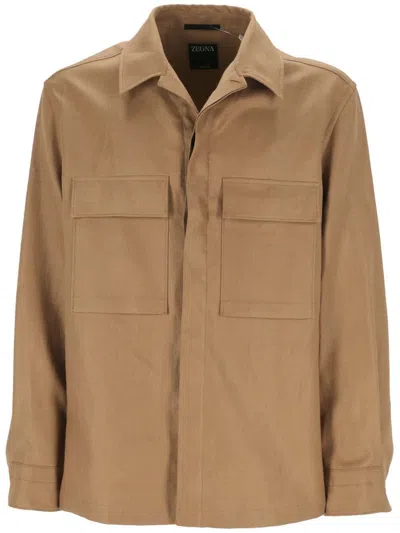 Z Zegna Concealed Fastened Overshirt In Brown