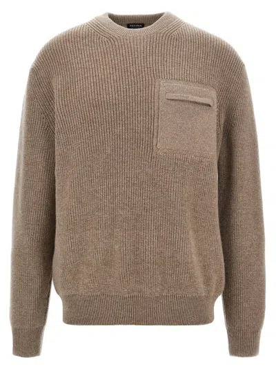 Z Zegna Crewneck Knitted Jumper In Beige