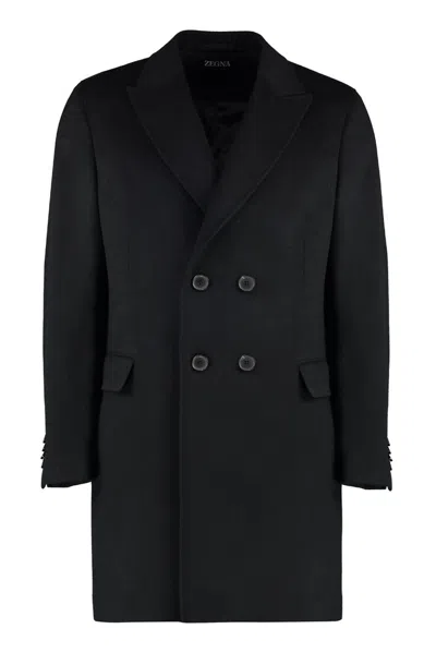 Z Zegna Double Breasted Long Sleeved Coat In Black