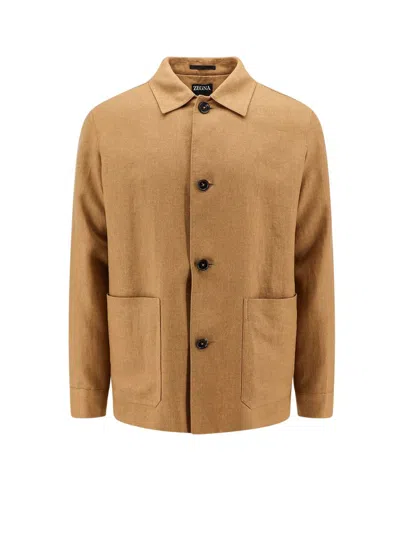 Z Zegna Long Sleeved Buttoned Shirt Jacket In Brown