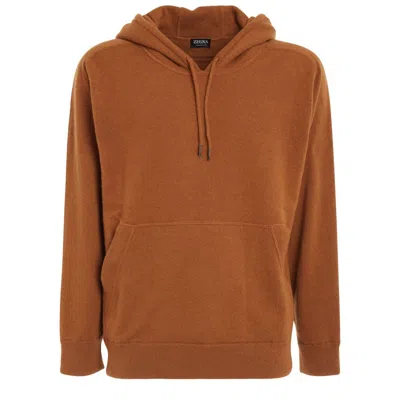 Z Zegna Long Sleeved Drawstring Knitted Hoodie In Brown