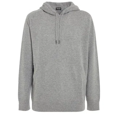 Z Zegna Long Sleeved Drawstring Knitted Hoodie In Grey