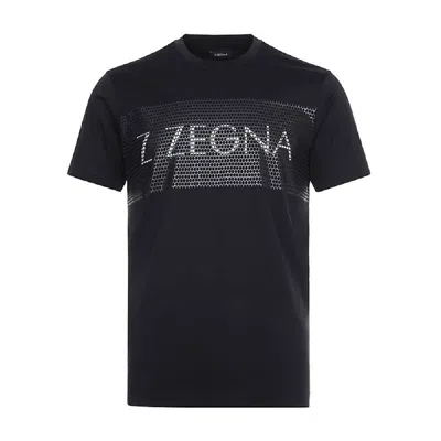 Z Zegna Men Rubberized Logo Short Sleeve Crew Neck Cotton T-shirt In Black In Blue