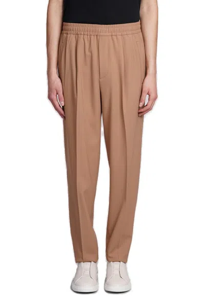 Z Zegna Pressed Crease Elastic Waist Trousers In Brown