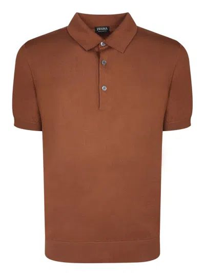 Z Zegna Short Sleeved Knitted Polo Shirt In Beige