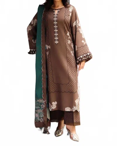 Zaalima Fashion Elegant Polka Floral Embroidered Printed Linen Suit Set In Floral Brown In Multi