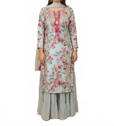 Zaalima Fashion Embroidered Printed Linen Suit And Skirt Set In Aqua Pink Floral In Animal Print