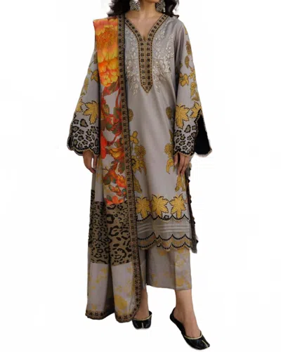 Zaalima Fashion Floral Animal Print Linen Suit Set In Grey Yellow In Multi