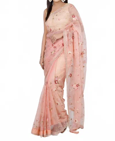 Zaalima Fashion Floral Embroidered Organza Saree In Pastel Peach In Multi