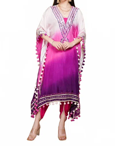 Zaalima Fashion Graceful Ombre Organza Kaftan Suit With Mirror Work And Pom-pom Detailing In Pink & Purple In Multi