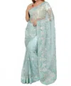 Zaalima Fashion Mint Green Hand-embroidered Organza Saree In Blue