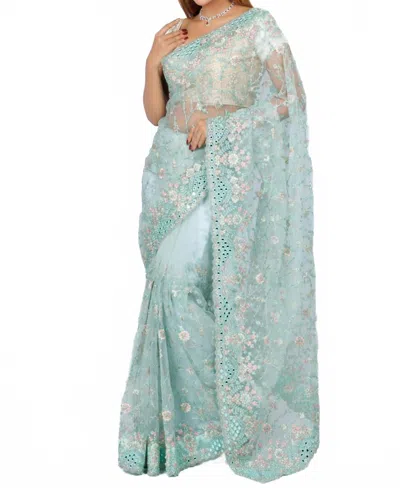 Zaalima Fashion Mint Green Hand-embroidered Organza Saree In Blue