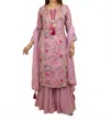 Zaalima Fashion Modern Ethnic Ensemble Embroidered Printed Linen Suit Set In Pink Floral In Multi