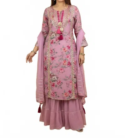 Zaalima Fashion Modern Ethnic Ensemble Embroidered Printed Linen Suit Set In Pink Floral In Multi