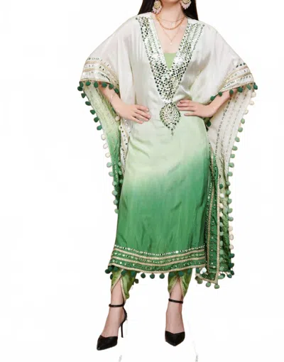 Zaalima Fashion Ombre Organza Kaftan Suit With Mirror Work And Pom-pom Detailing In Green & White In Multi