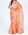 Zaalima Fashion Peach Striped Organza Saree With Golden Embroidery In Orange