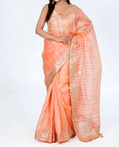Zaalima Fashion Peach Striped Organza Saree With Golden Embroidery In Orange