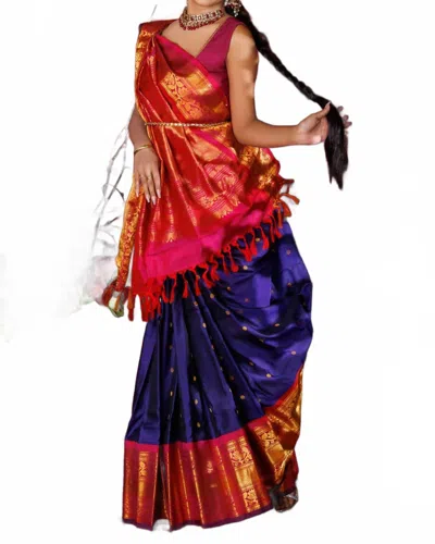Zaalima Fashion Radiant Kanjivaram Silk Saree With Golden Zari In Red & Navy Blue In Multi