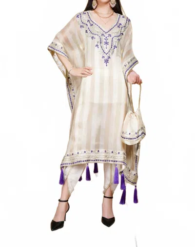 Zaalima Fashion Striped Organza Kaftan Suit With Mirror Work And Tassel Accents In Cream & Purple In Multi