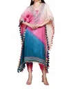 Zaalima Fashion Tie-dye Kaftan In Organza With Mirror Work & Pom-pom Detailing In Pink & Blue In Multi