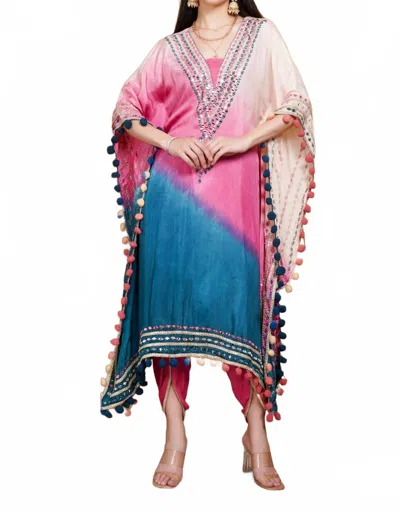 Zaalima Fashion Tie-dye Kaftan In Organza With Mirror Work & Pom-pom Detailing In Pink & Blue In Multi