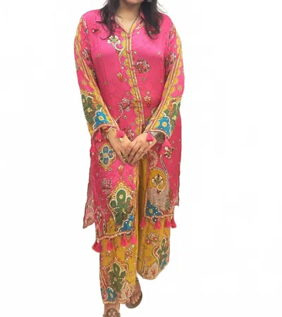 Zaalima Fashion Vibrant Satin Suit With Printed Festive Design In Multi In Pink