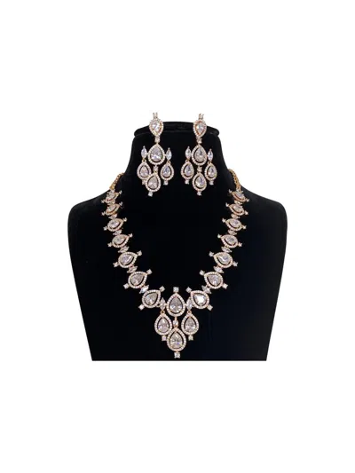 Zaalima Fashion Women's Cz Zirconia Necklace Set In Rose Gold In Multi