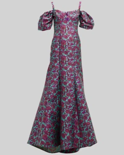 Pre-owned Zac Posen $1490  Women's Purple Floral Jacquard Cold-shoulder Gown Dress Size 8