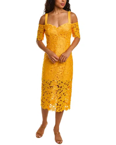 Zac Posen Guipure Lace Cold-shoulder Midi Sheath Dress In Yellow