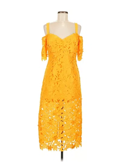 Zac Posen Guipure Lace Cold-shoulder Midi Sheath Dress In Yellow