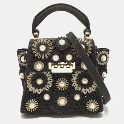 Pre-owned Zac Posen Eartha Iconic Mini Black Faux Pearl Glittery Leather Top Handle Bag