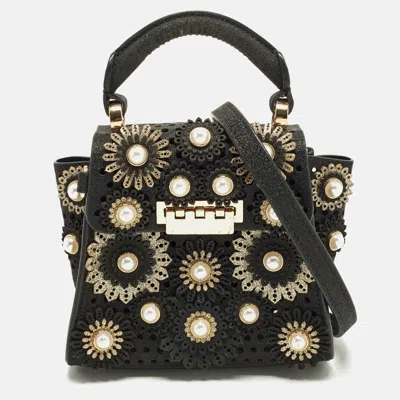 Zac Posen Eartha Iconic Mini Black Faux Pearl Glittery Leather Top Handle Bag