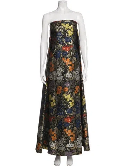 Pre-owned Zac Posen Floral Print Long Dress In Black/blue/gold