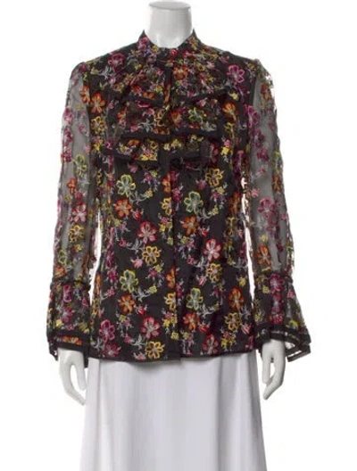 Pre-owned Zac Posen Floral Print Long Sleeve Blouse In Black