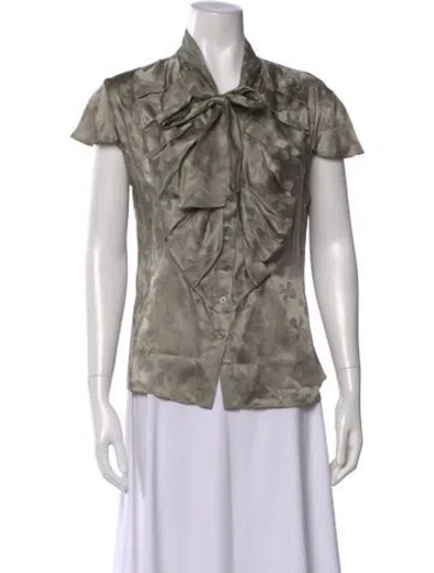 Pre-owned Zac Posen Floral Print Tie Neck Blouse In Gray