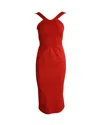Zac Posen Halter Flared Bottom Midi Dress In Red Polyester In Red