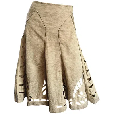 Pre-owned Zac Posen Khaki Linen + Cotton Crochet Cut - Out Size 12 Full A - Line Skirt In Sand