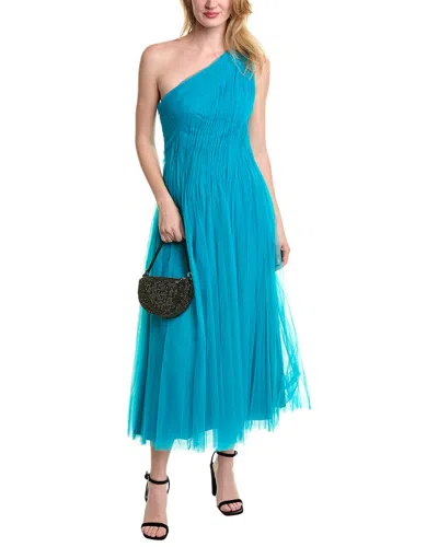 Zac Posen Ruched One-shoulder Tulle Midi Dress In Green