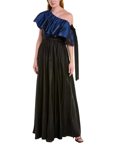 Zac Posen Two-tone Taffeta One-shoulder Ruffle Gown In Black