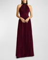 Zac Posen Pleated Lace-inset Halter Gown In Mulberry