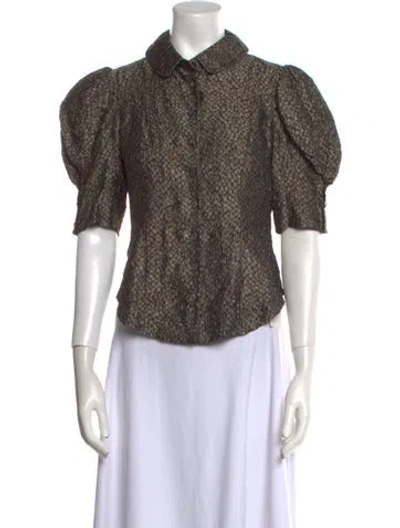 Pre-owned Zac Posen Silk Printed Button-up Top In Brown