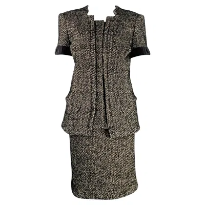 Pre-owned Zac Posen Size 6 Black White Cotton Blend Tweed Short Sleeve Skirt Suit
