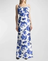 Zac Posen Sleeveless Floral-print Bow-front Mikado Gown In Blue Floral Print