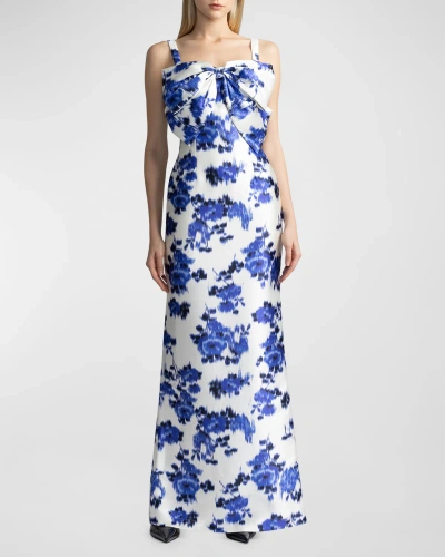Zac Posen Sleeveless Floral-print Bow-front Mikado Gown In Blue Floral Print