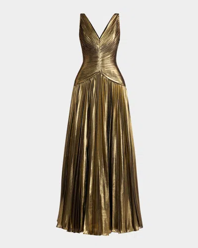 Zac Posen Sleeveless Pleated Metallic Chiffon Gown In Gold